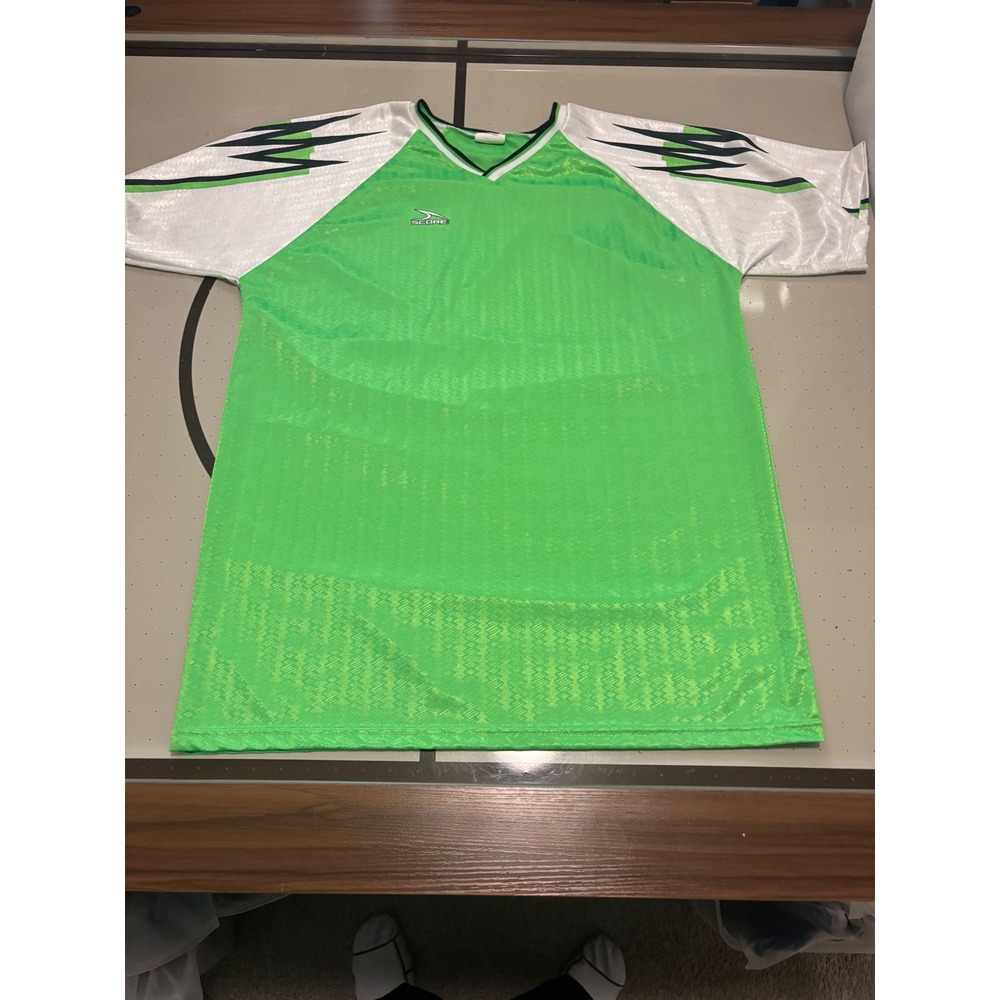 Vintage Score American Soccer Co Jersey Neon Green White Graphic Mens 2XL